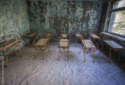 Cribs in maternity ward of Hospital MsCh-126 in Pripyat ghost city in Chernobyl Exclusion Zone, Ukraine
