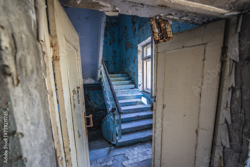 Staircase of Hospital MsCh-126 in Pripyat ghost city in Chernobyl Exclusion Zone, Ukraine