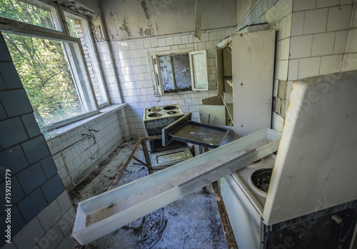 Kitchen in Hospital MsCh-126 in Pripyat ghost city in Chernobyl Exclusion Zone, Ukraine
