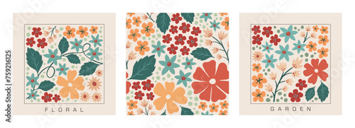 Floral set design, spring flower banner set, seamless hand drawn floral pattern illustration