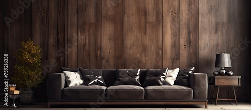 A living room with hardwood flooring, a cozy couch, and a wooden accent wall. The room is decorated with metal accents and has a large window for natural light