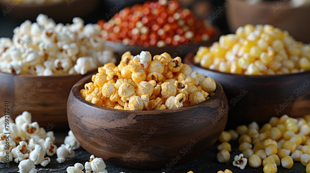 a wooden bowl filled with popcorn next to other bowls filled with popcorn on top of a wooden table with other bowls filled with popcorn. a wooden bowl filled with popcorn next to other bowls filled with popcorn on top of a wooden table with other bowls filled with popcorn.
