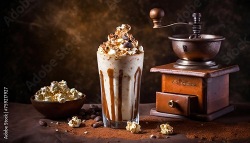 Sweet Milkshake with caramel syrup, cream liqueur, on brown background