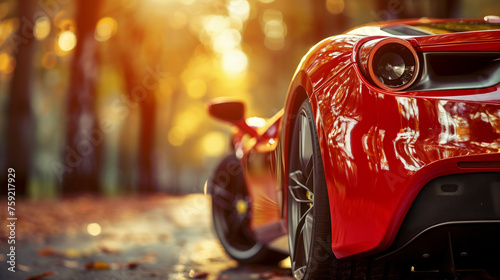 close up photo about Red sport car closeup picture on a narrow road with bokeh background