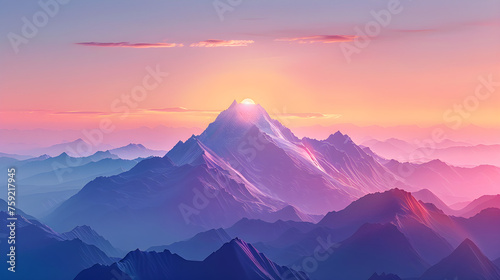 A beautiful 2D illustration of a mountain peak landscape at sunrise  with soft light and fog in the background.