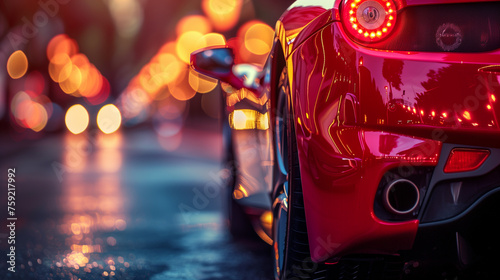 close up photo about Red sport car closeup picture on a narrow road with bokeh background photo