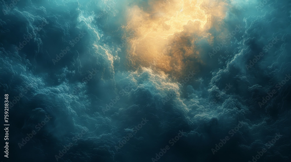 An image of fog, mist, and clouds with a yellow-to-blue gradient. The image has a textured paper overlay as well as a grain pattern that's visible at 100%.