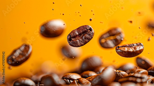 Brown roasted raw coffee beans falling from the air. Aromatic delicious drink beverage. Healthy eating. Organic natural ingredients.