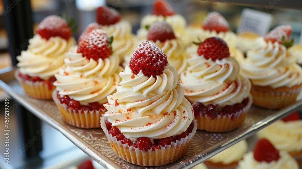 a close up of a tray of cupcakes with white frosting and strawberries on top of them.