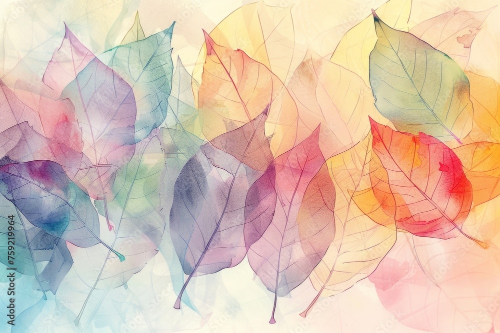 Colorful transparent leaves create a background with a colorful watercolor palette of autumn colors in soft and dreamy tones Generative AI