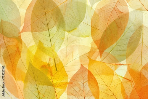 A background of transparent leaves in various colors, arranged on the canvas creating an abstract design that resembles autumn foliage Generative AI