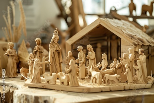 photo of a wooden christmas nativity scene with figures of jesus