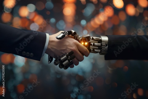 two business men that are shaking hands with a robotic arm © ASDF