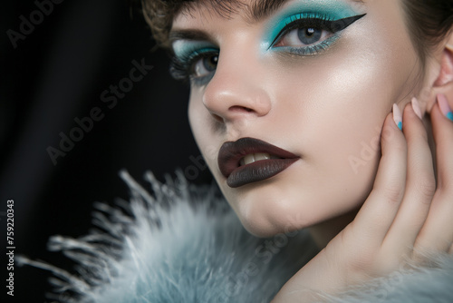 Stunning Close-up Portrait Showcasing Bold Makeup and Elegant Feathery Accessory