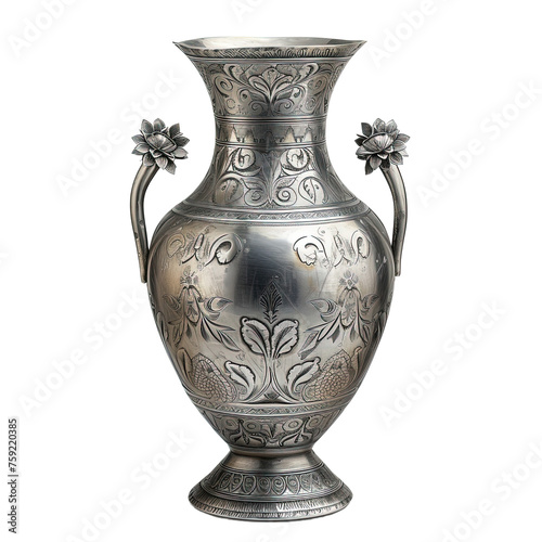 Front view of Victorian Etched silver vase isolated on white or transparent background