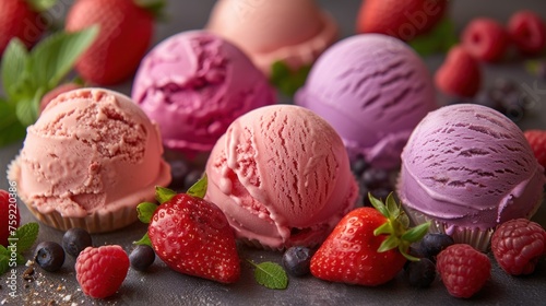 a group of ice creams sitting on top of a table next to strawberries and raspberries on top of a table.