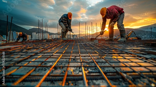 Construction Workers Welding Steel Reinforcements at Sunset. Generative ai