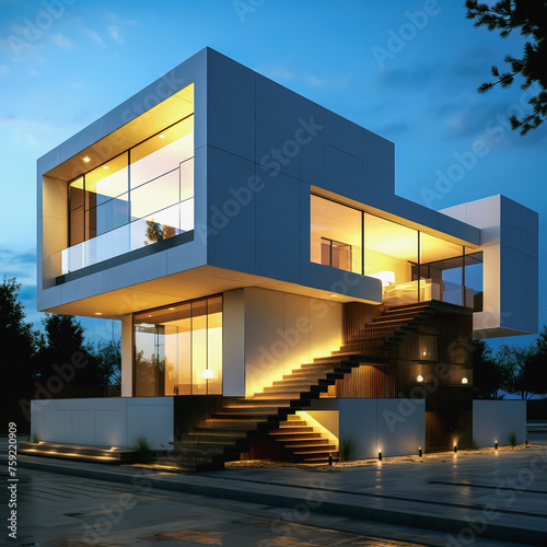 Architecture modern exterior building design. Modern house in the evening.