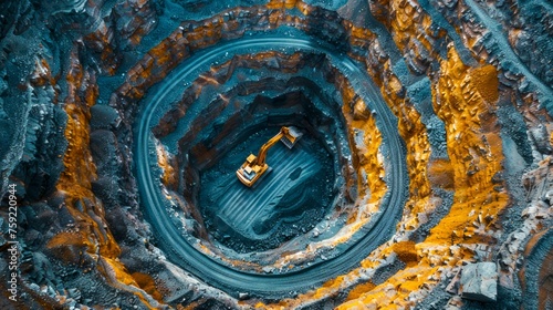 Aerial View of an Open Pit Mine with Machinery. Generative ai