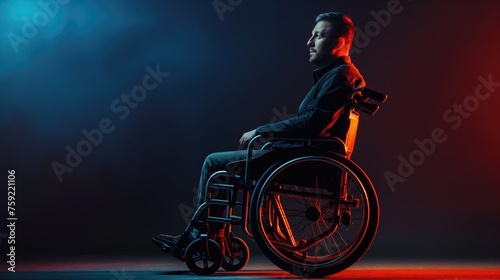Side view of disabled man in wheelchair on dark background with neon light. Concept of disability