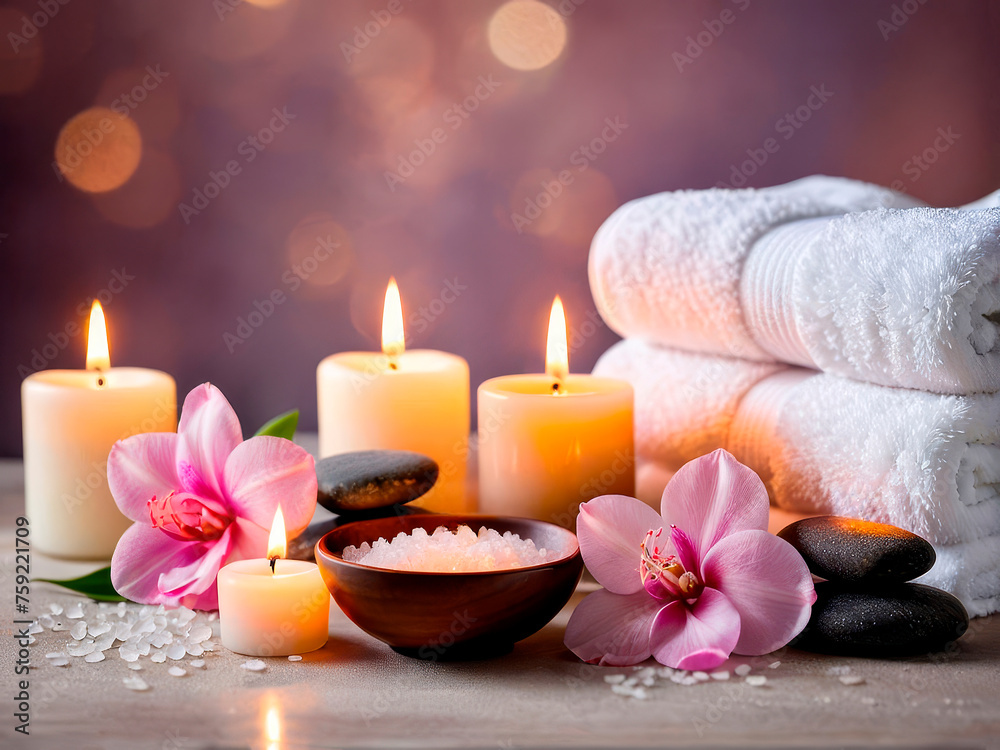 Spa bath treatment composition with spa stones, sea salt, towels, candles and delicate flowers