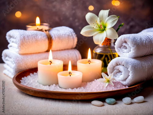 Spa bath treatment composition with sea salt, towels, candles and delicate flowers