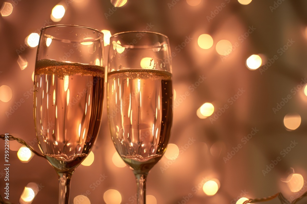 two champagne flutes in a light background of night lights two champagne flutes in a light background of night lights