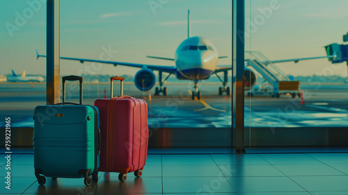 Two bags at a airport terminal with a plane passenger plane in the background. Travel concept image featuring suitcases and travel bags arranged in an airport, with an airplane © SpeedShutter