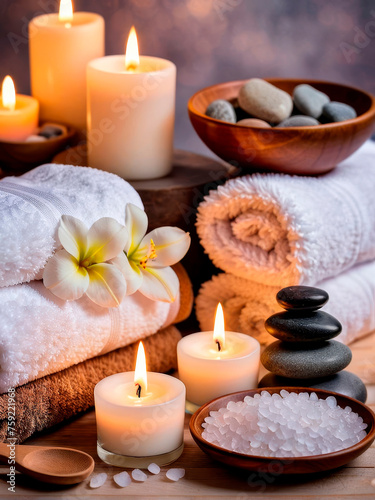 Spa bath treatment composition with spa stones, towels, candles and delicate flowers