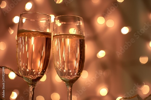 two champagne flutes in a light background of night lights