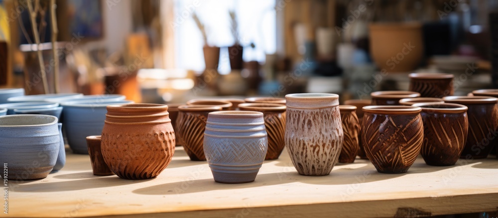 A hardwood table displaying an assortment of handcrafted ceramic cups and bowls, showcasing the creativity of pottery art at a special event A hardwood table displaying an assortment of handcrafted ceramic cups and bowls, showcasing the creativity of pottery art at a special event
