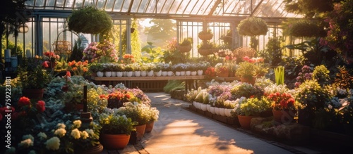 Garden center with a variety of plants and flowers illuminated by sunlight