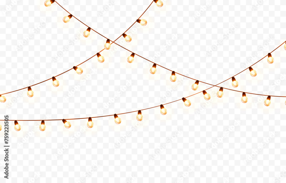 Lights bulbs isolated on transparent background. Glowing fairy Christmas garland strings. Vector New Year party led lamps decorations