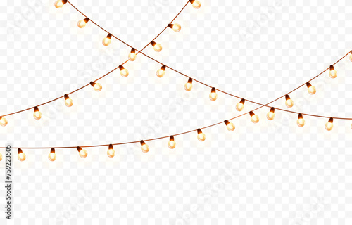 Lights bulbs isolated on transparent background. Glowing fairy Christmas garland strings. Vector New Year party led lamps decorations