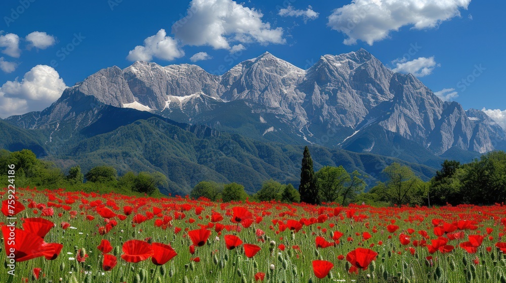 a field of red flowers in front of a large mountain range with snow on the top of the mountains in the distance.