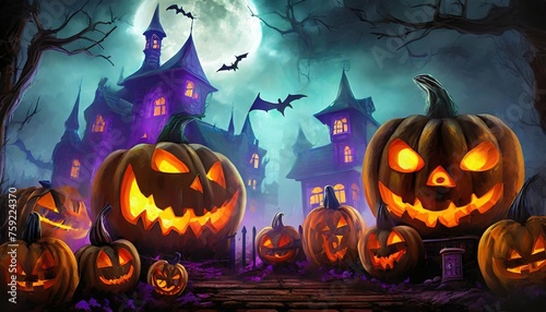 halloween spooky background scary pumpkins in old big creepy happy haloween ghosts horror house evil haunted castle scene creepy dark gothic mysterious night dark backdrop concept