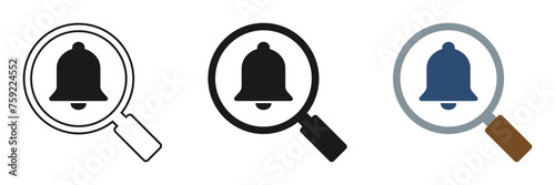 Set of magnifying glass icons with bell. Illustration
