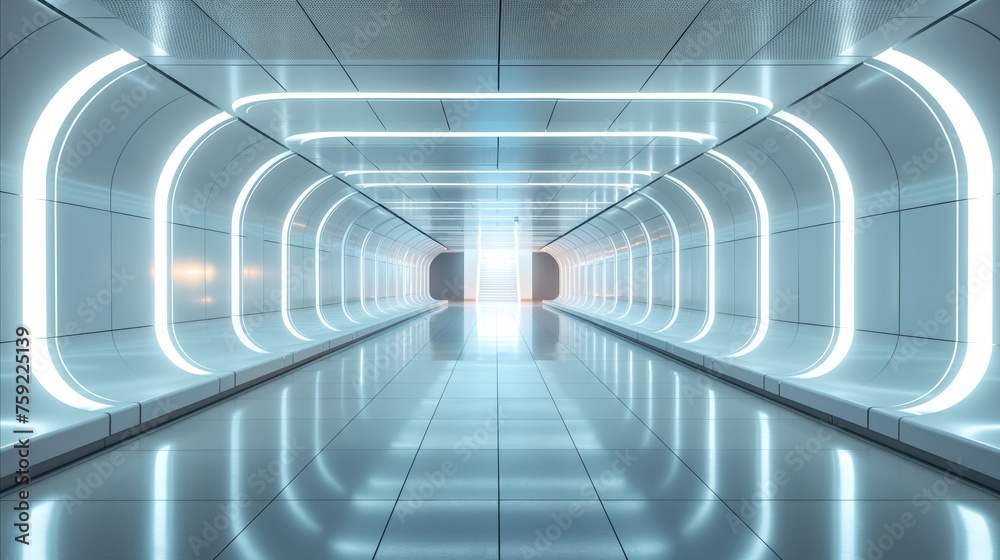 Futuristic, illuminated corridor with sleek design elements of space station. The blue lighting emanates from curved walls, casting serene yet technologically advanced ambiance, next-gen architecture