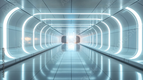Futuristic  illuminated corridor with sleek design elements of space station. The blue lighting emanates from curved walls  casting serene yet technologically advanced ambiance  next-gen architecture