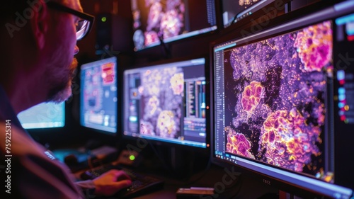 An electron microscope in operation, with a scientist observing the monitor displaying ultra-high-resolution images of viruses
