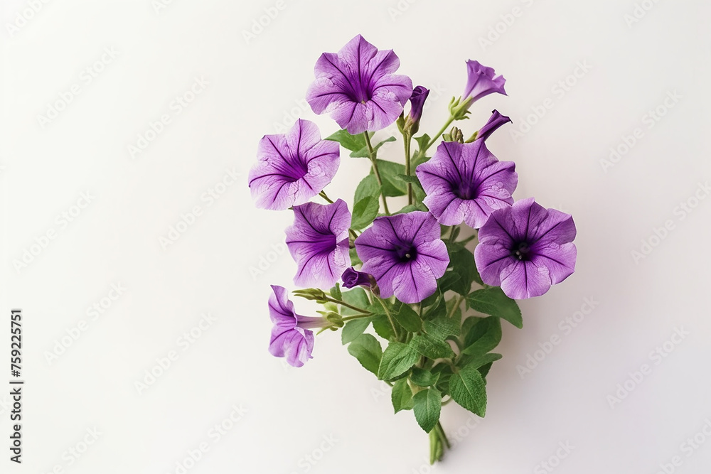 Purple petunia flowers with green leaves against a white background. Purple petunia flowers with green leaves against a white background.