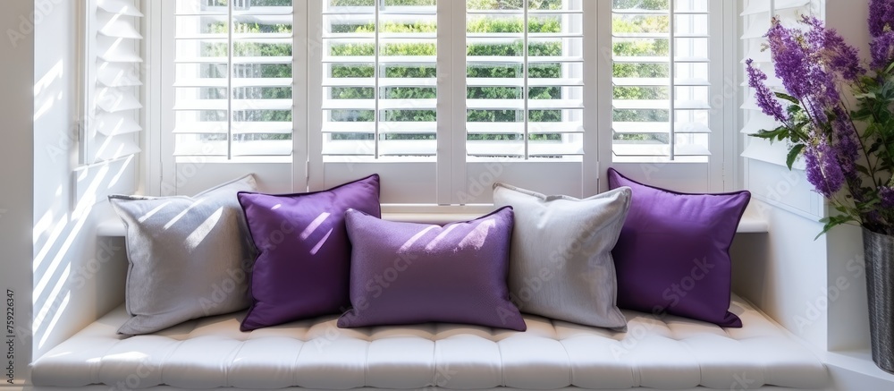 Image showcasing A window seat with purple and white pillows, shutters, and a ...