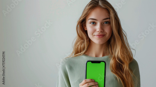 Smiling young woman holding a smartphone with a green screen, wearing a casual sweater on a neutral background.