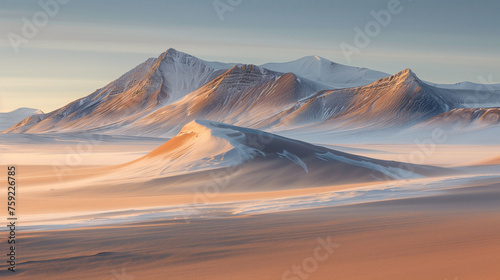 Serene winter landscape with soft sunrise light over snow-covered mountains and mist.
