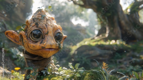 a close up of a statue of a baby groote in a field of grass with trees in the background. photo