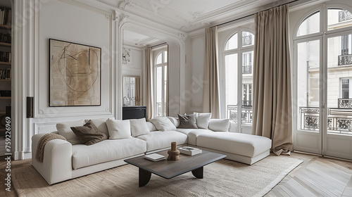 Elegant living room with a modern white sofa  wooden floors  and large windows with curtains.