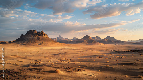 Golden sunset over a serene desert landscape with majestic mountains in the background. photo