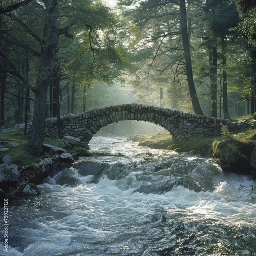 A river-spanning water bridge links wooded shores, a paradoxical path in nature's realm.