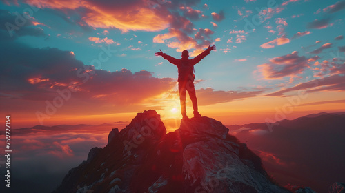 Silhouette of a triumphant hiker on a mountain peak at sunset with vibrant orange clouds and misty valleys.