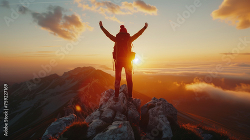 Person standing on mountain peak with arms raised during sunset, symbolizing achievement and freedom.